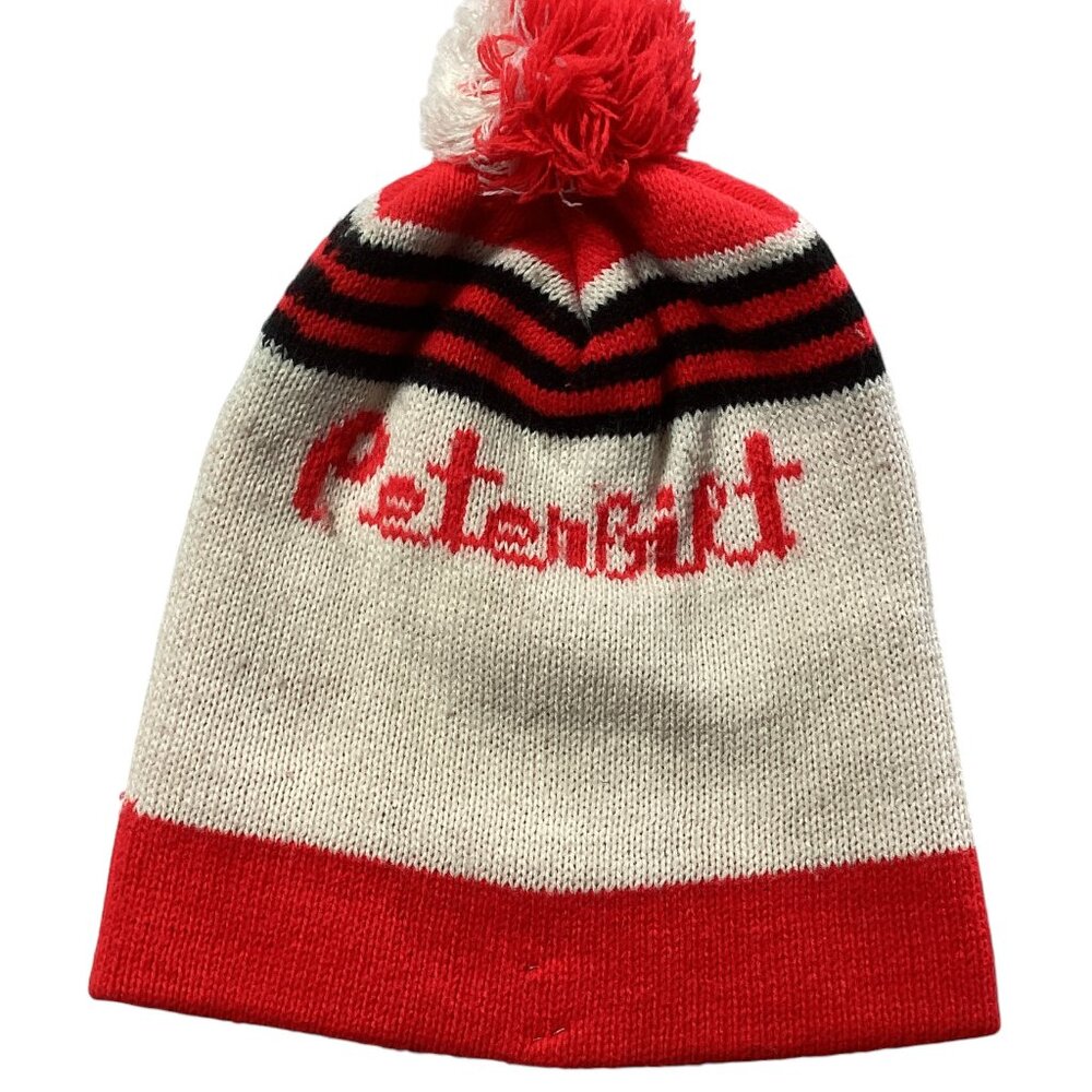 Peterbilt Knit Beanie With a Pom Pom, Red, Black & White, One Size